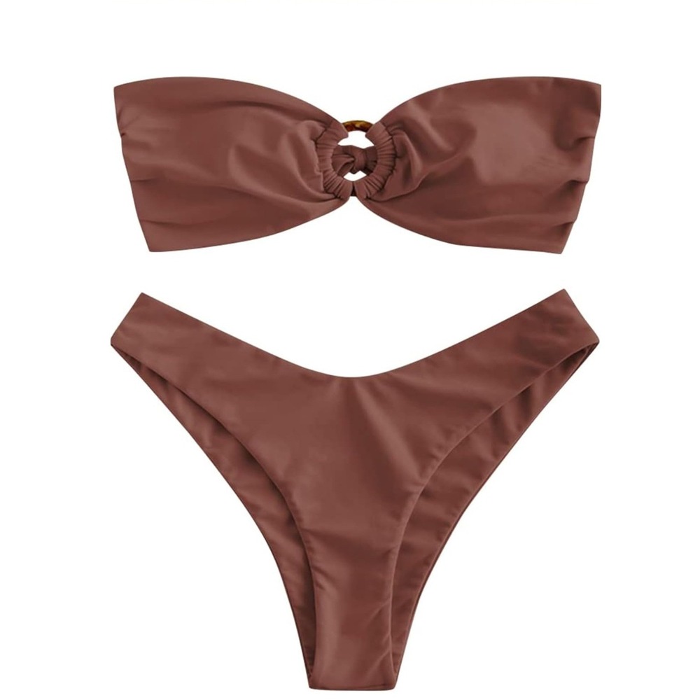 Zaful Bikini Set Women S Rust O-Ring Bandeau High Cut Beach Summer Boho 601 NWT - Picture 2 of 13